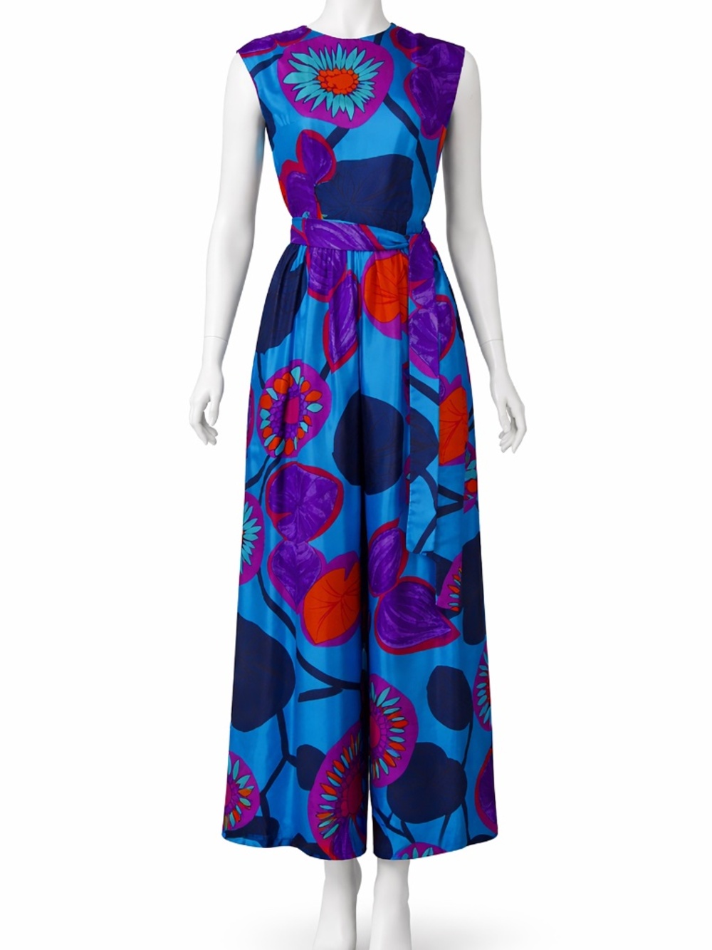 Don Brown Couturier Floral Silk Palazzo Pant Jumpsuit with Belt 1970s Rare
